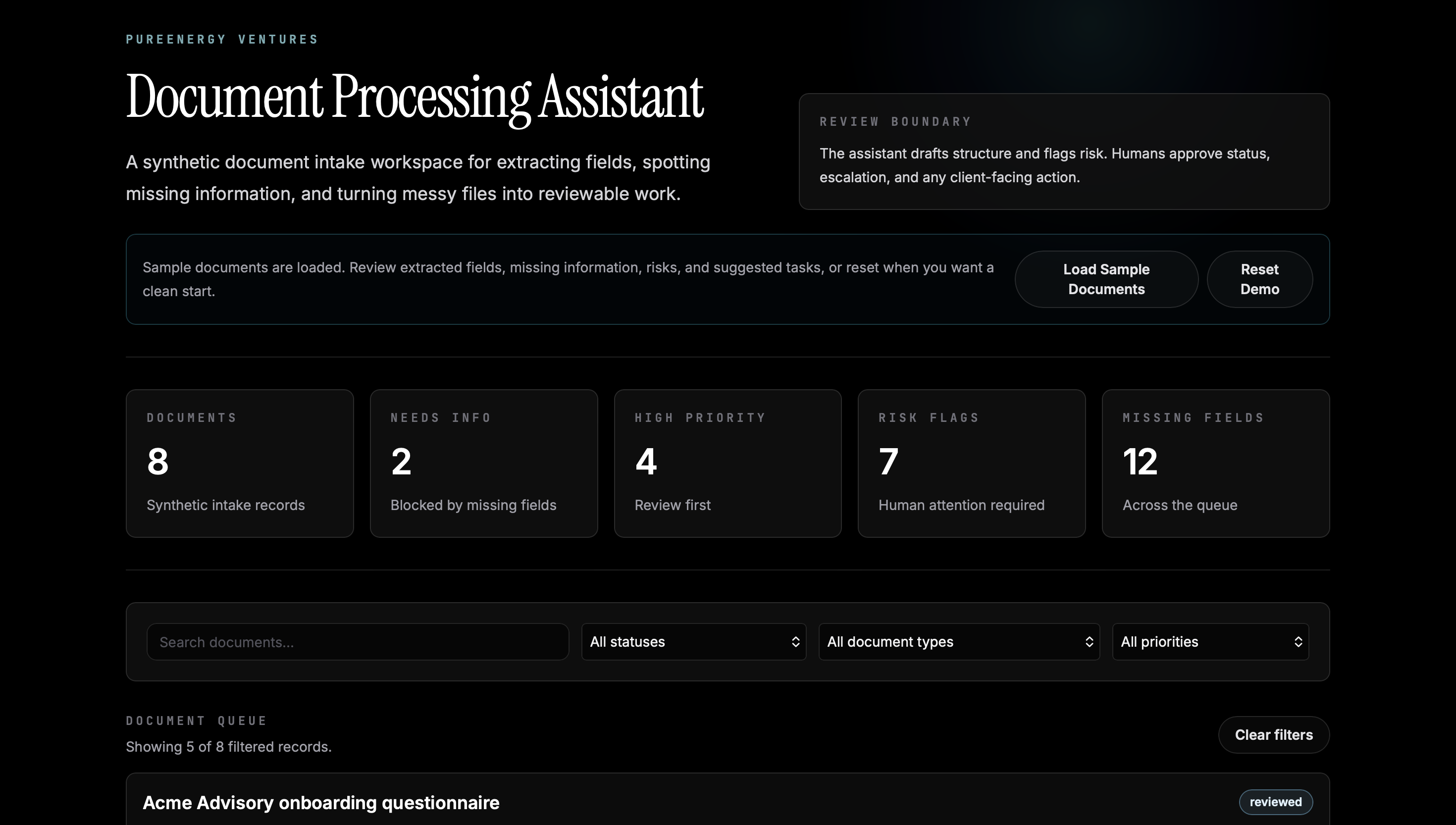 Document Processing Assistant: Dashboard overview