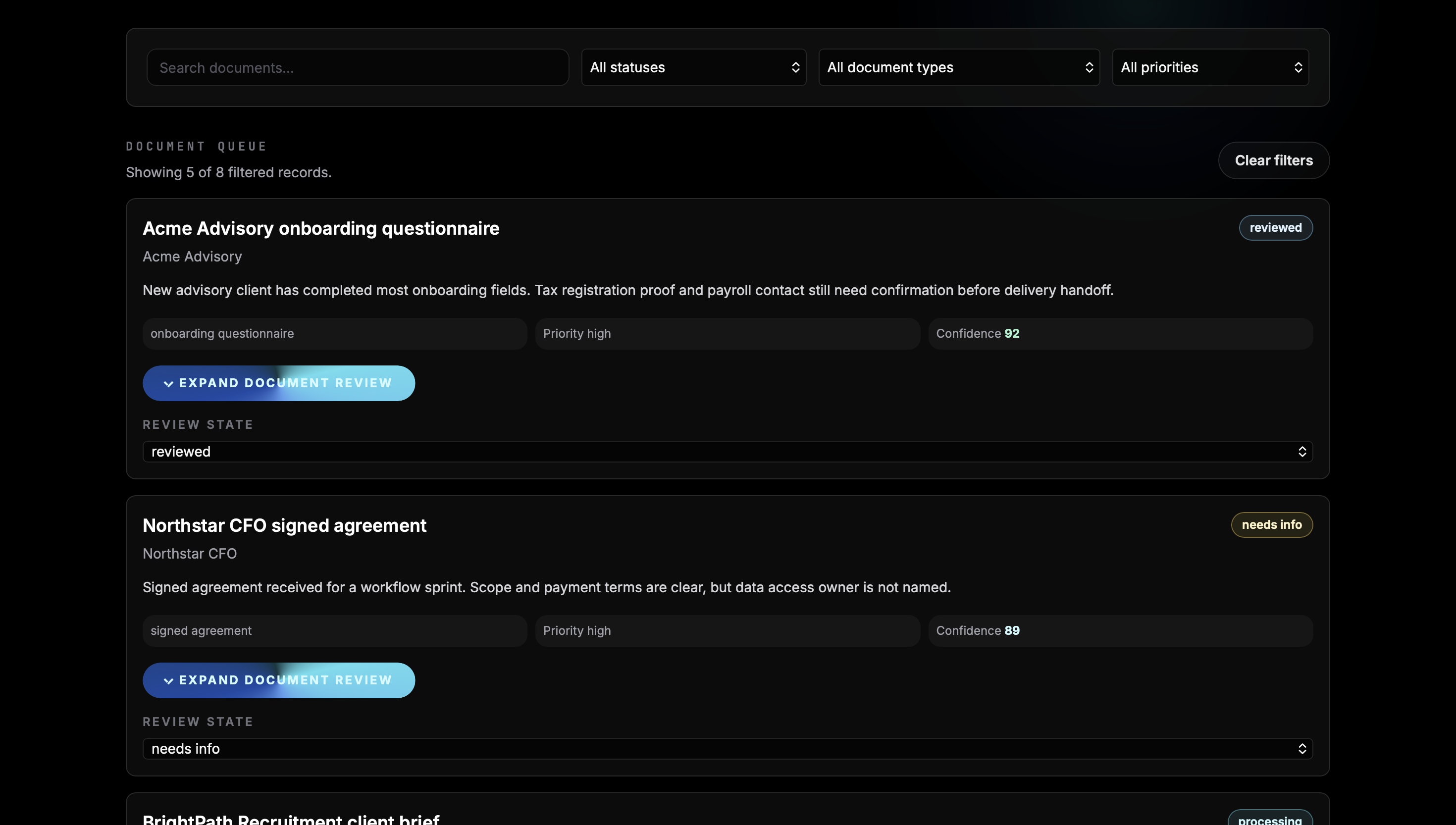 Document Processing Assistant: Document queue