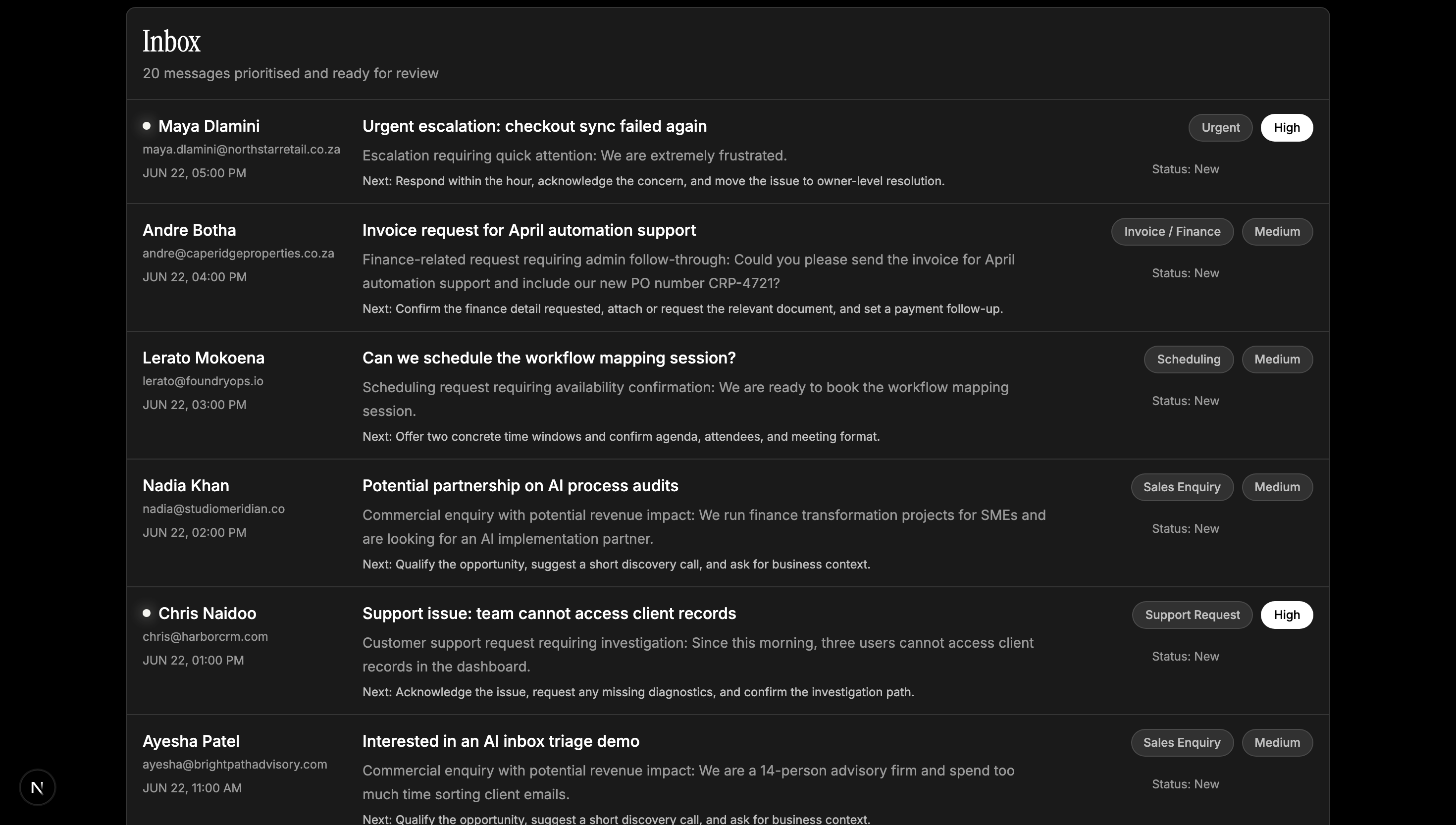 PureEnergy Inbox Intelligence: Inbox list