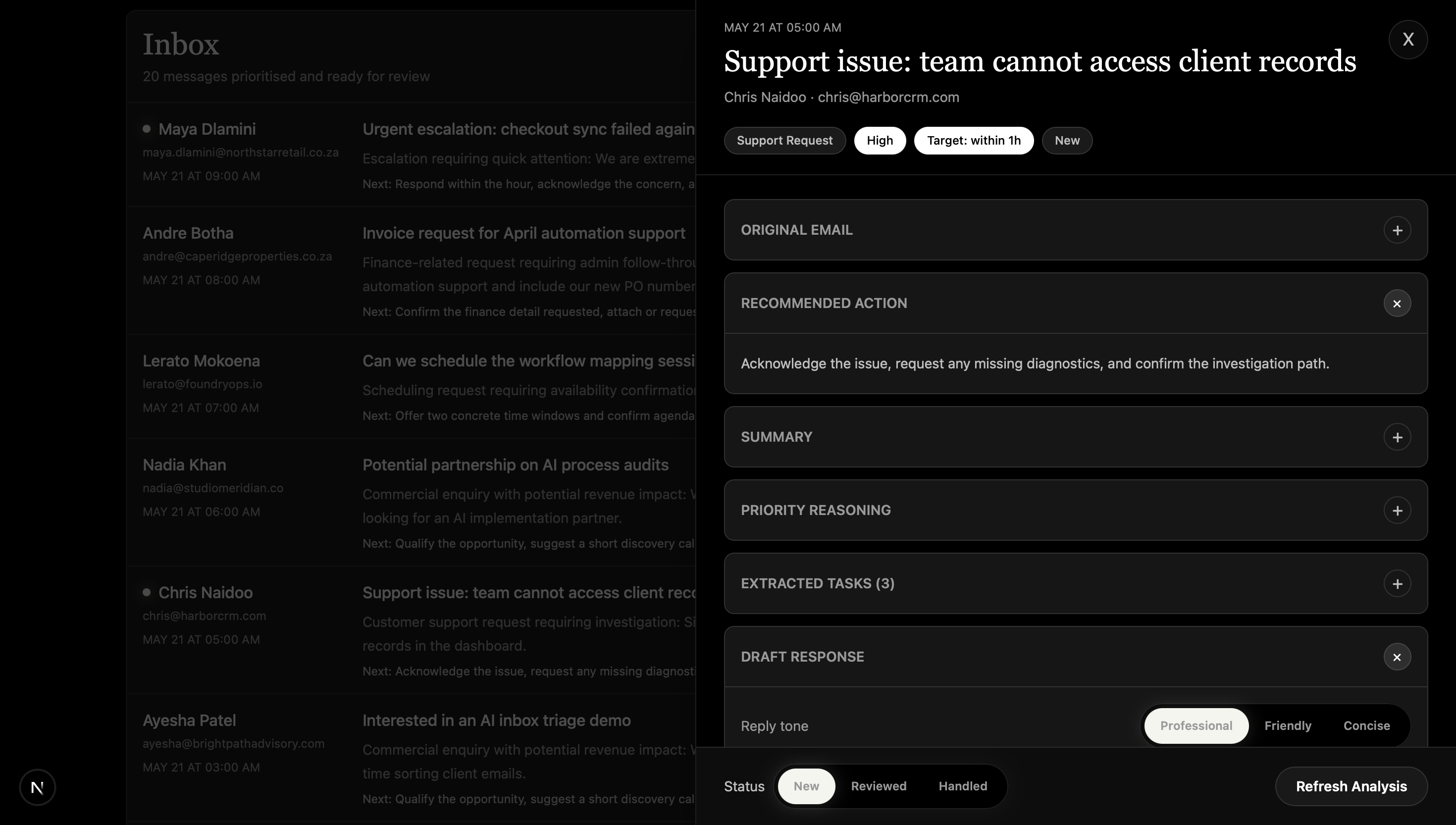 PureEnergy Inbox Intelligence: Detail panel