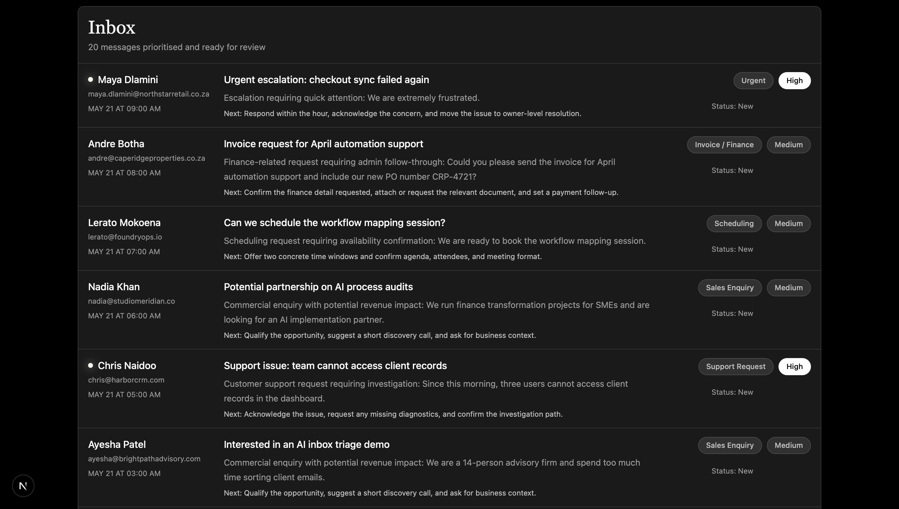 PureEnergy Inbox Intelligence: Inbox list