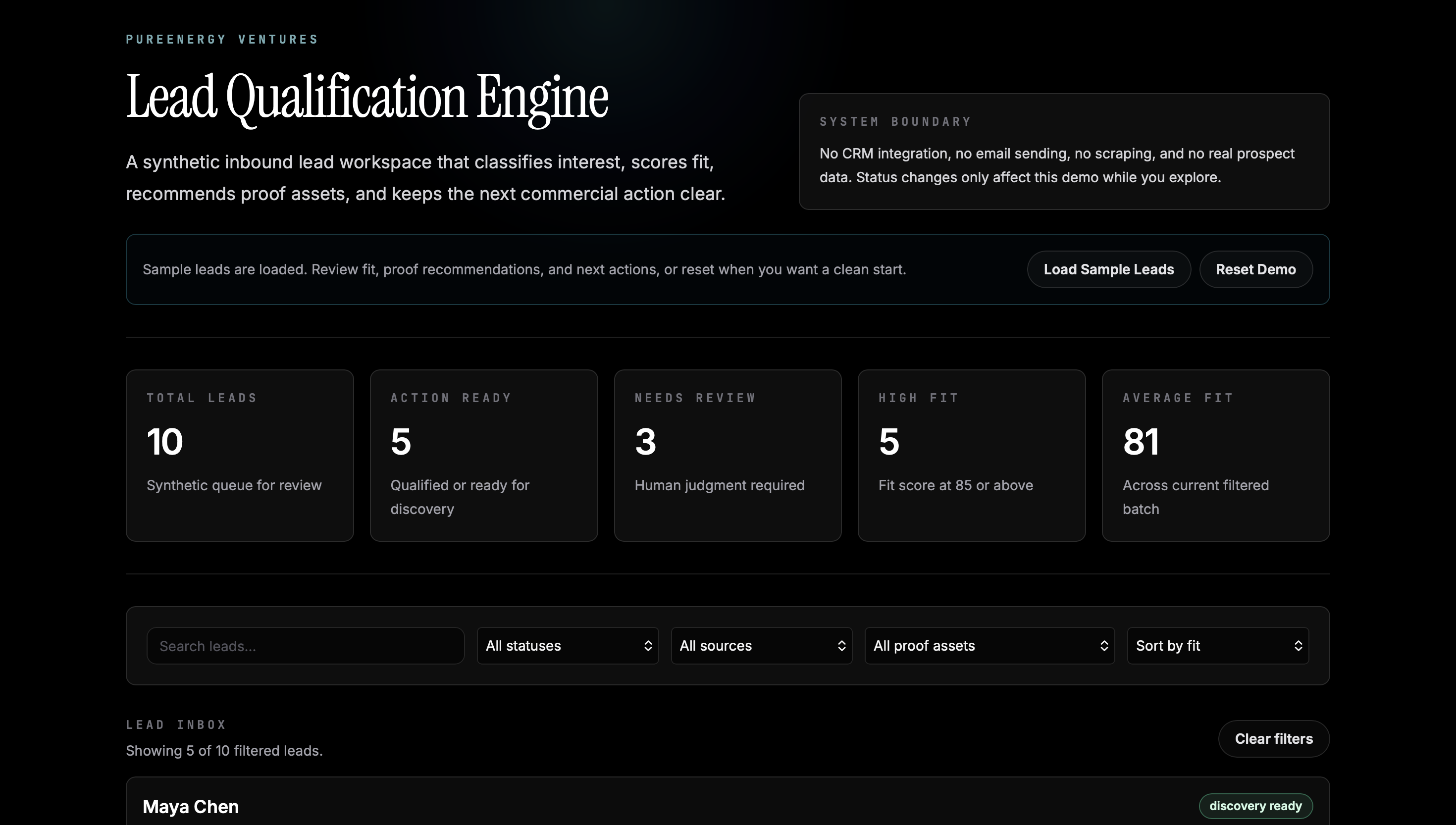 Lead Qualification Engine: Dashboard overview