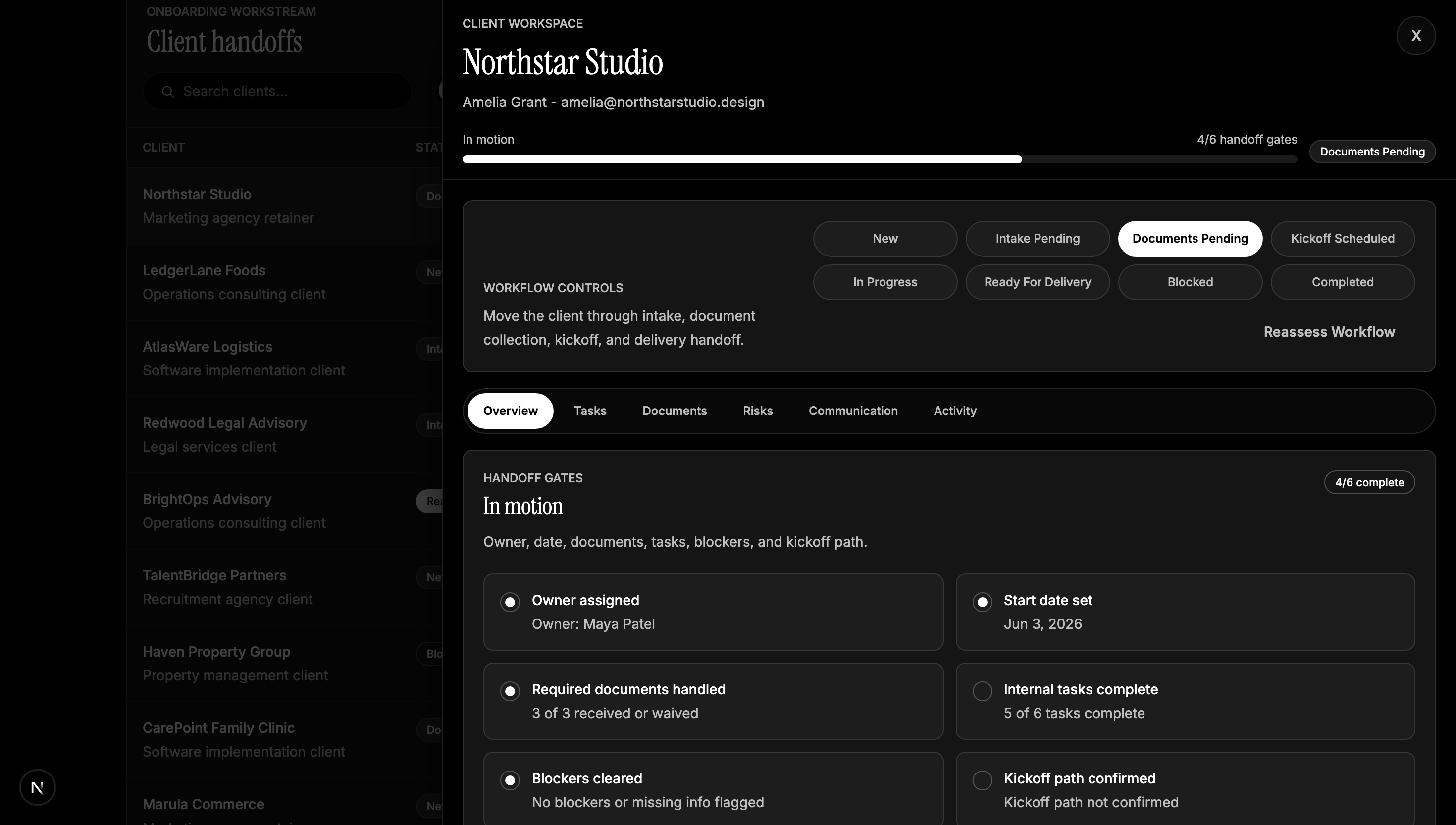 Onboarding Command Center: Client workspace overview