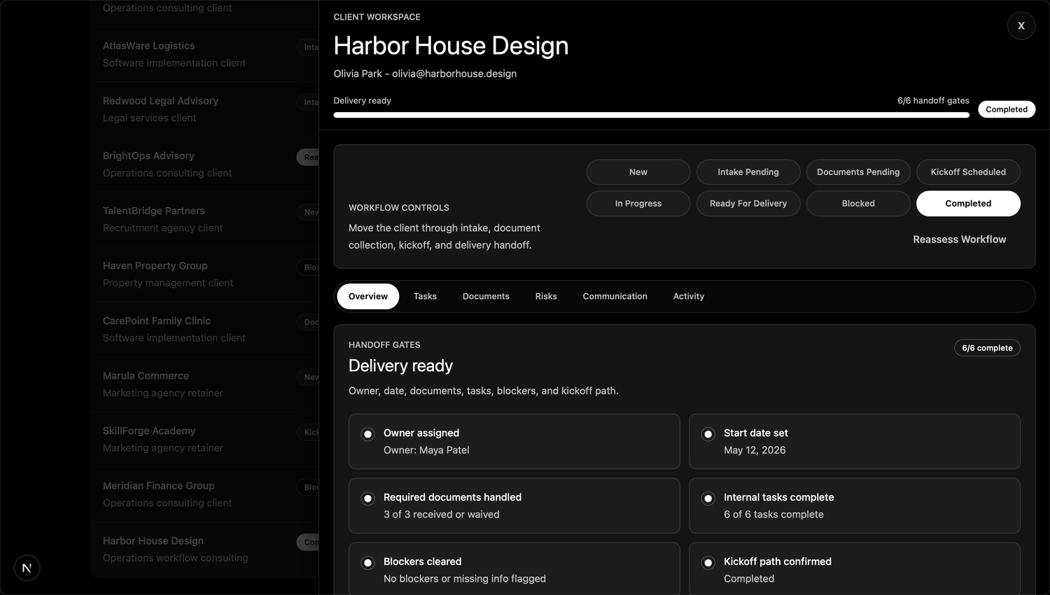 Onboarding Command Center: Client workspace overview